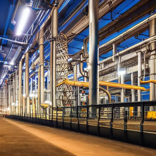 Prompt: photo of a factory exterior at night. lots of illuminated catwalks and gangways surrounding tall silos. various tubes and pipes run in raceways along the site.