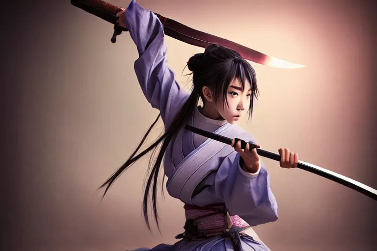 Prompt: highly detailed beautiful photo of a madison beer as a young female samurai, practising sword stances, art by koyoharu gotouge, symmetrical face, beautiful eyes, realistic, 8 k. award winning photo, pastels colours, action photography, 1 / 1 2 5 shutter speed, sunrise lighting,
