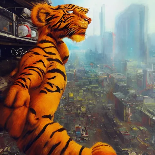 Image similar to crisp defined Man Streetfighter Dude wearing Tiger Costume standing atop dumpster greg danton tony sart raymond swanland chris foss chris cold christophe young acrylic 4k artstation wikiart wikipedia realism tilt-shift