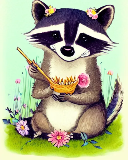 Prompt: a storybook illustration of a smiling happy cute raccoon wearing a flower crown, by antoine de saint - exupery and annabel kidston and naomi okubo and jean - baptiste monge. a child storybook illustration, muted colors, soft colors, low saturation, fine lines, white paper