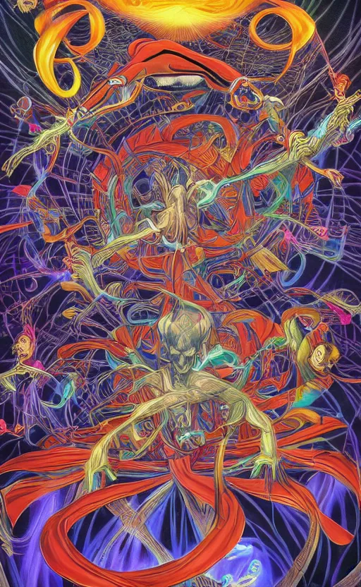 Image similar to hyper realistic third first image on the scattered absurdity server, dr strange and dr seuss, very pretty, portal hopping and time warping with reckless abandon, by alex grey