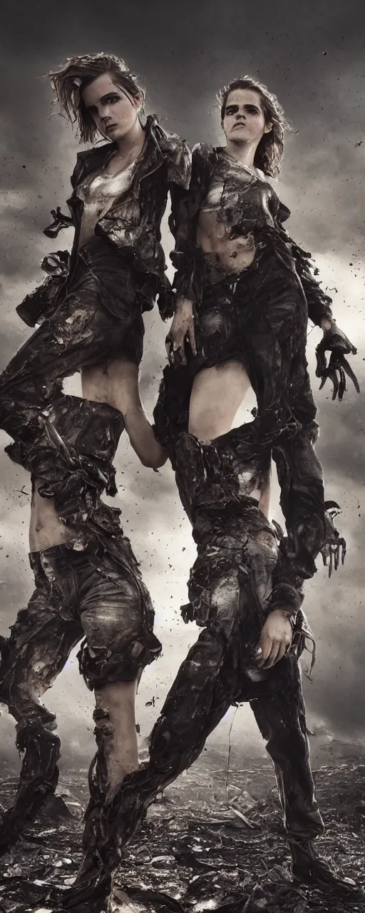 Prompt: twin sisters Emma Watson action poses dishevelled photorealistic portrait grimy sweating wet face dirty t-shirt and torn jeans in broken biomechanical fractal armour abandoned exploding sci-fi gas station, dark and dim atmospheric smog trending on artstation 8k matte painting, dramatic lighting, dramatic shadows professional photograph by Herb Ritts