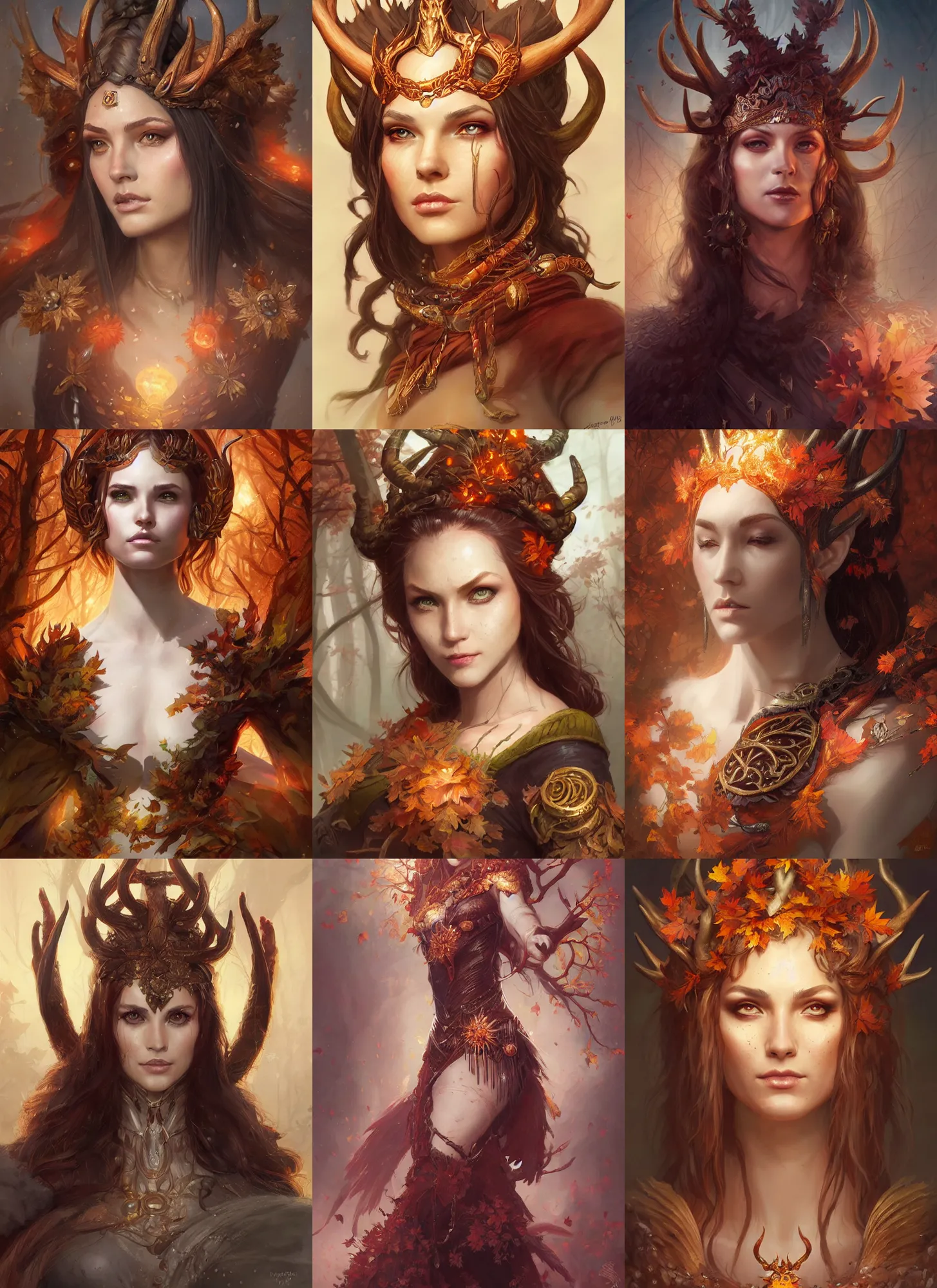 Prompt: autumnal empress, cernunnos, d & d, fantasy, portrait, highly detailed, digital painting, trending on artstation, concept art, sharp focus, illustration, art by artgerm and greg rutkowski and magali villeneuve