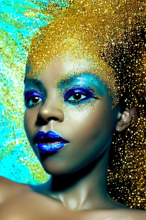 Prompt: hyperrealistic magic realism cinematic very beautiful! black oshun goddess with white! iris, in water, yoruba body paint, mirror dripping droplet!, gold flowers, highly detailed face, digital art masterpiece, smooth robert steven connett eric zener dramatic teal light, ground angle uhd 8 k, sharp focus