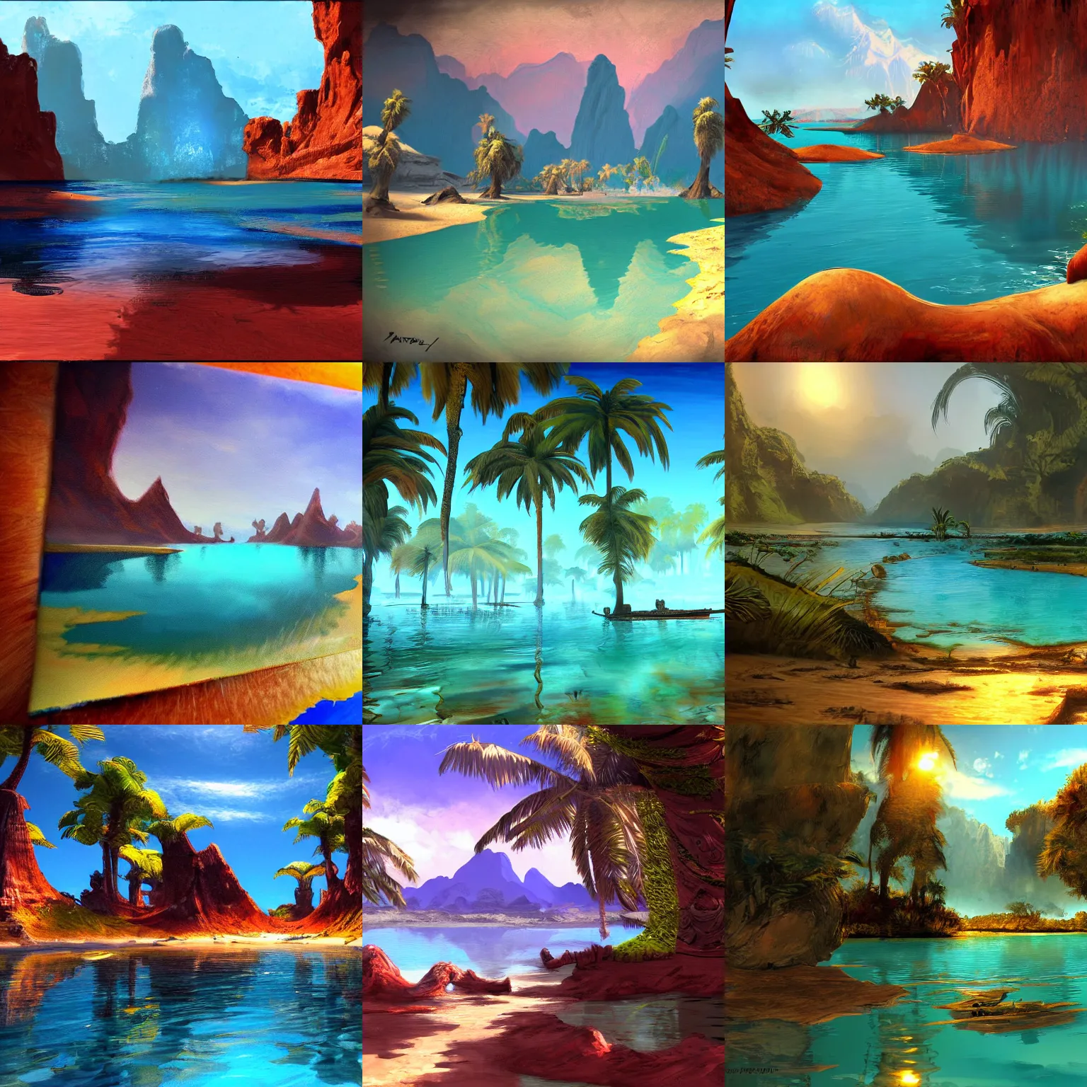 Prompt: painting of a beautiful lagoon from Uncharted 3, painterly style