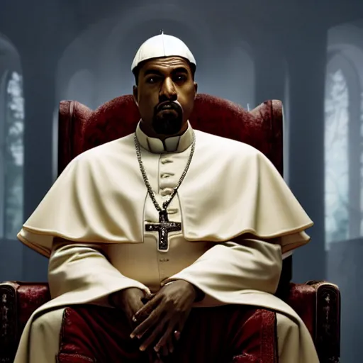 Image similar to kanye west as the pope pope in the vatican ( gears of war battlefield 5 ), splash art, movie still, cinematic lighting, dramatic, detailed face, octane render, long lens, shallow depth of field, bokeh, anamorphic lens flare, 8 k, hyper detailed, 3 5 mm film grain