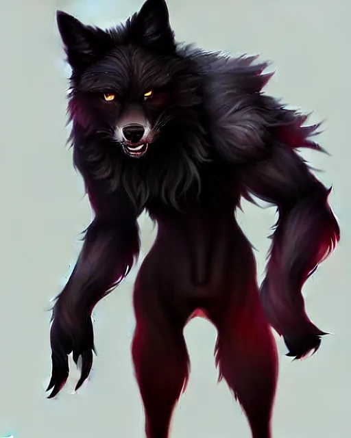 Image similar to character concept art of a black anthropomorphic male furry wolf long red hair | | cute - fine - face, pretty face, key visual, realistic shaded perfect face, fine details by stanley artgerm lau, wlop, rossdraws, james jean, andrei riabovitchev, marc simonetti, and sakimichan, trending on artstation