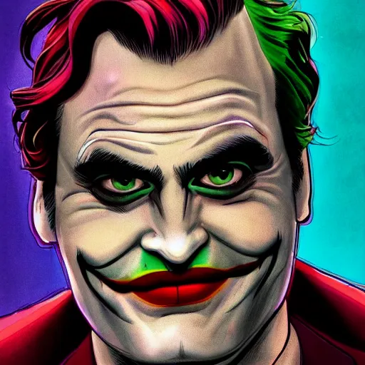 Image similar to detailed comics book cover joaquin phoenix joker in the style of alex ross