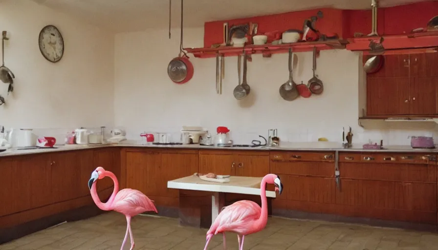 Image similar to a flamingo in a stalinist style kitchen, by mini dv camera, very very low quality, heavy grain, very blurry, accidental flash, caught on trail cam