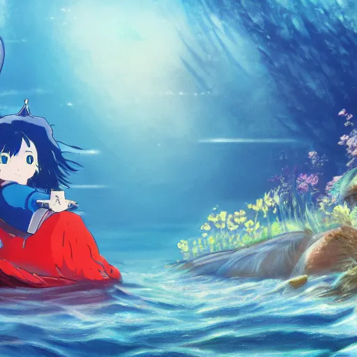 Prompt: a super cute water creature, digital painting masterpiece by Hayao Miyazaki, 4k beautiful wallpaper