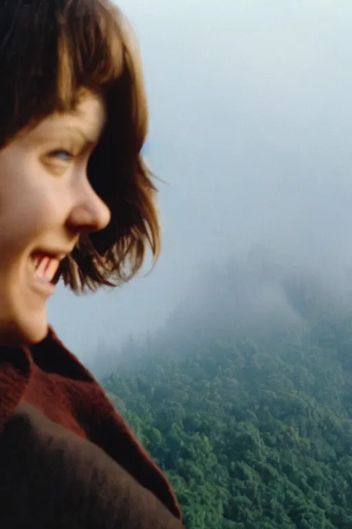 Image similar to film still of extreme close-up at young woman smile, fog, mountains in distance, 35mm