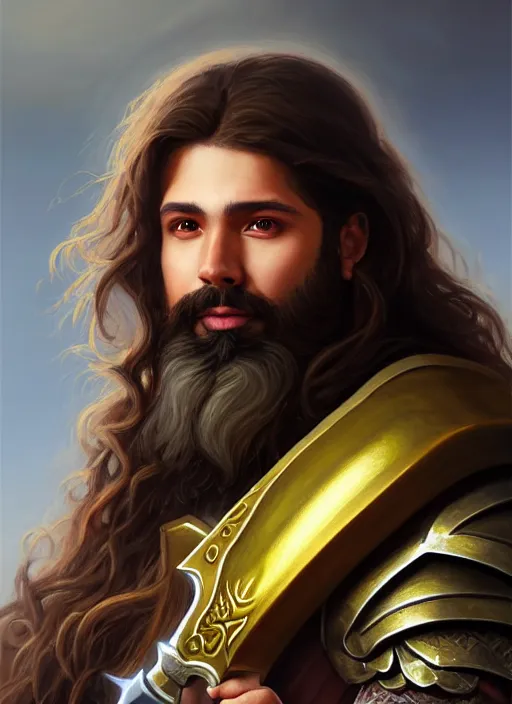 Image similar to a _ fantasy _ style _ portrait _ painting _ of esfandtv big light brown male holy paladin with long wavy brown hair and beard, hammer weapon, rpg dnd oil _ painting _ unreal _ 5 _ daz. _ rpg _ portrait _ extremely _ detailed _ artgerm _ greg _ rutkowski _ greg