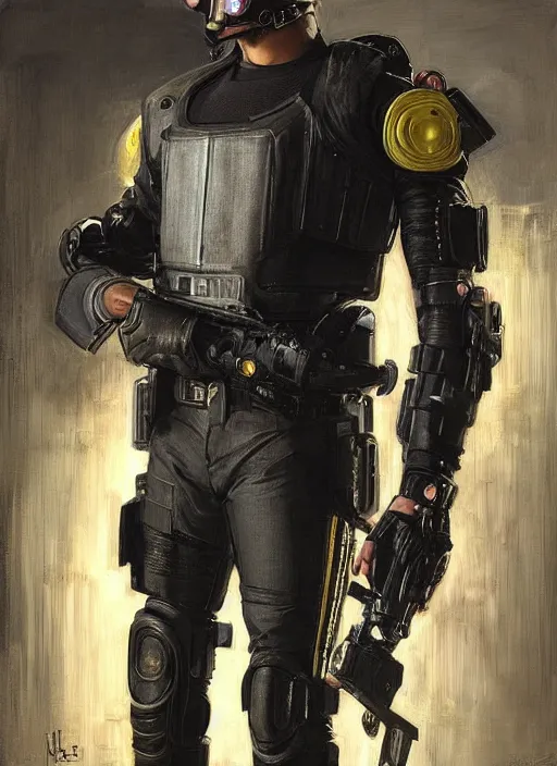 Image similar to Hector. cyberpunk Riot police wearing a military vest and military cyberpunk armor (cyberpunk 2077). Iranian orientalist portrait by john william waterhouse and Edwin Longsden Long and Theodore Ralli and Nasreddine Dinet, oil on canvas. Cinematic, hyper realism, realistic proportions, dramatic lighting, high detail 4k