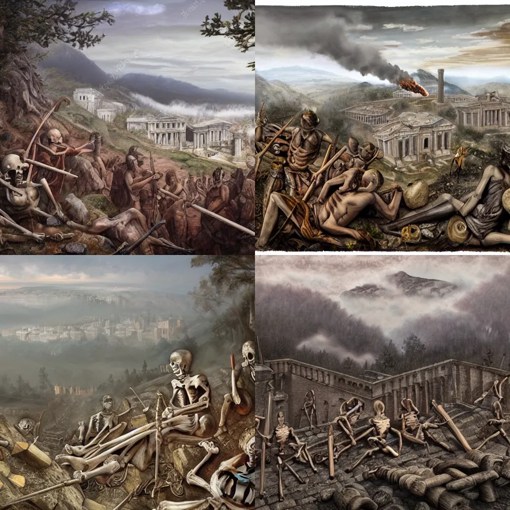 Prompt: ancient burning roman city on top of a misty mountain, grey forest in the background, skeletons with weapons in the foreground!!!, ultra realistic, high detail, color rich, realistic colors, wide angle, award winning, masterpiece, 8 k, drawing by ron mueck,