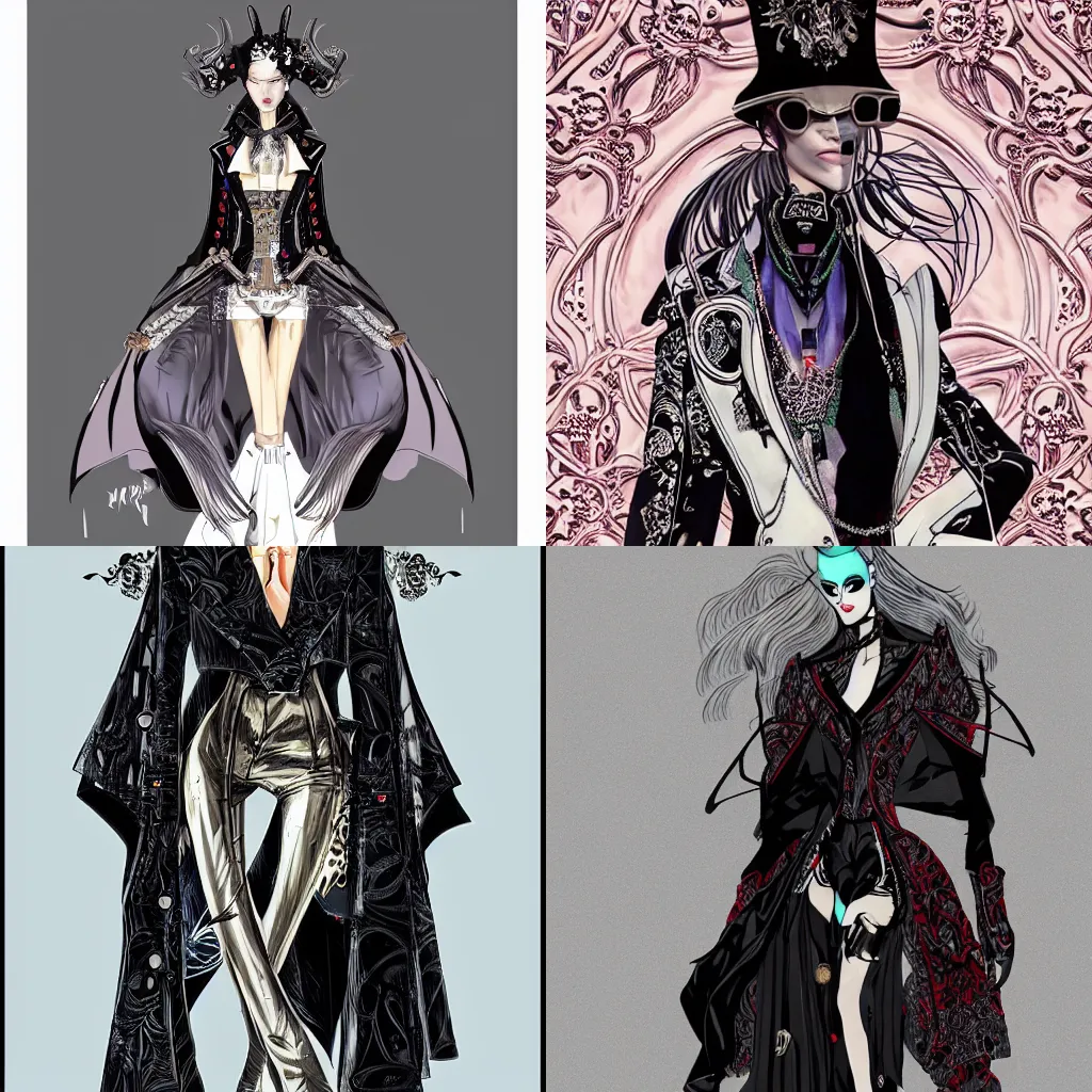 Prompt: paris fashion week jacket, designer runway shirt worn by vampire hunter d, open neck collar, syd mead, high fashion fantasy, designed by creepyyeha, digital art, ornate, intricate, elegant, vogue in caelid, milan fashion for demons