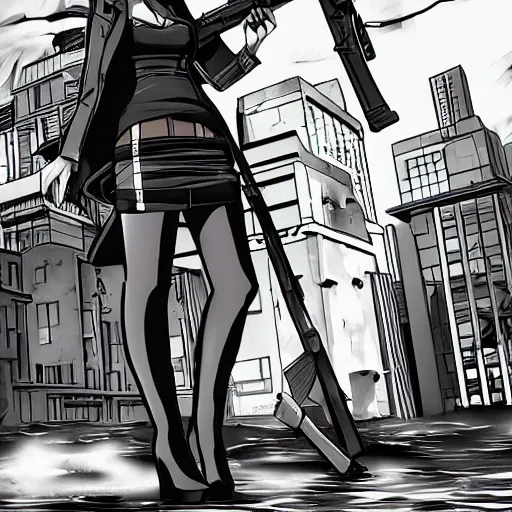 Prompt: woman standing holding large gun in cityscape, flooding, manga style, rwby, shonin jump, black and white, line art