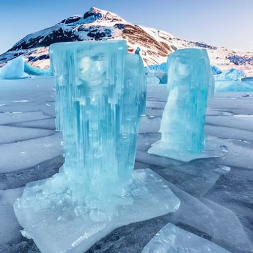 Prompt: woman statue made of ice on the glacier in norway mountain,