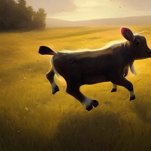 Prompt: beautiful concept art of a cute calf having the zoomies on a meadow by greg rutkowski