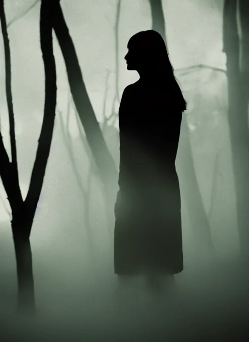 Image similar to a female silhouette, bright glowing translucent aura, fog, film grain, cinematic lighting