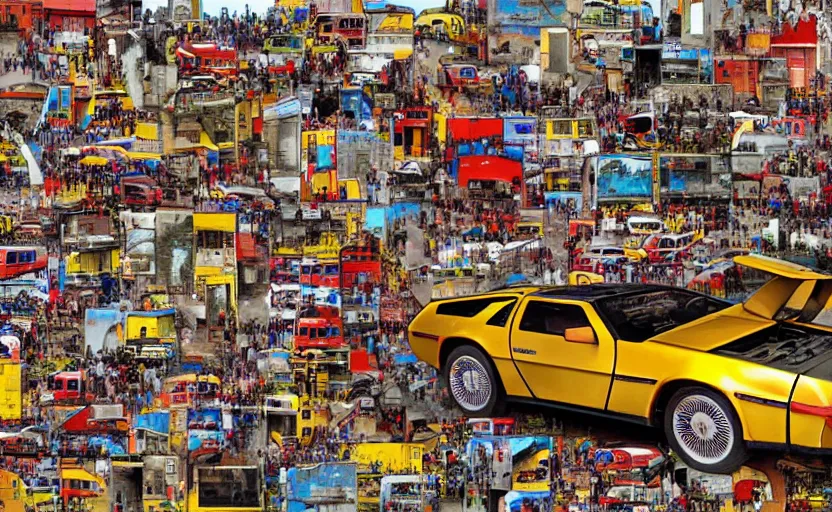 Image similar to a red and yellow delorean in ajegunle slums of lagos - nigeria, magazine collage, masterpiece,