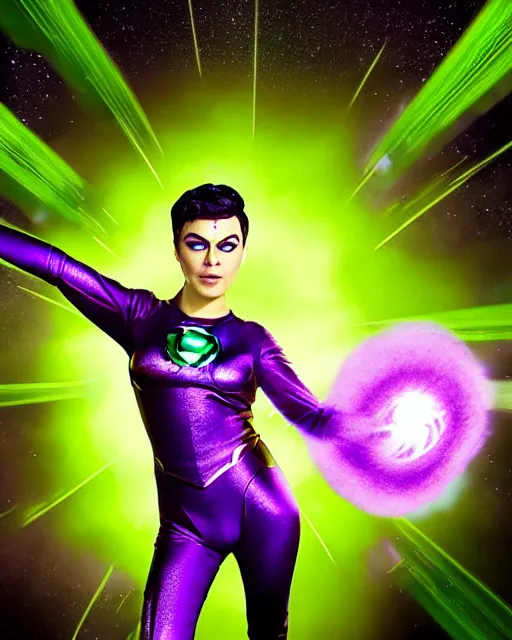 Image similar to photos of beautiful actress Ella Purcell as the Green Lantern Soranik Natu, as she soars thru outer space. Photogenic, purple skin, short black pixie like hair, particle effects, photography, studio lighting, cinematic