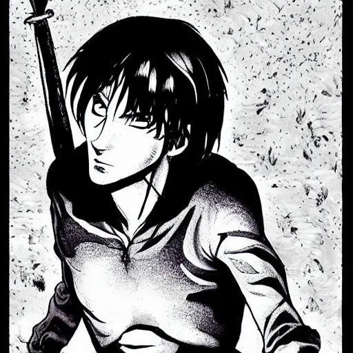 Image similar to pen and ink!!!! attractive 22 year old Gantz monochrome!!!! Frank Zappa x Daniel Radcliff highly detailed manga Vagabond!!!! telepathic floating magic swordsman!!!! glides through a beautiful!!!!!!! battlefield magic the gathering dramatic esoteric!!!!!! pen and ink!!!!! illustrated in high detail!!!!!!!! graphic novel!!!!!!!!! by Kim Jung Gi and Hiroya Oku!!!!!!!!! MTG!!! award winning!!!! full closeup portrait!!!!! action manga panel