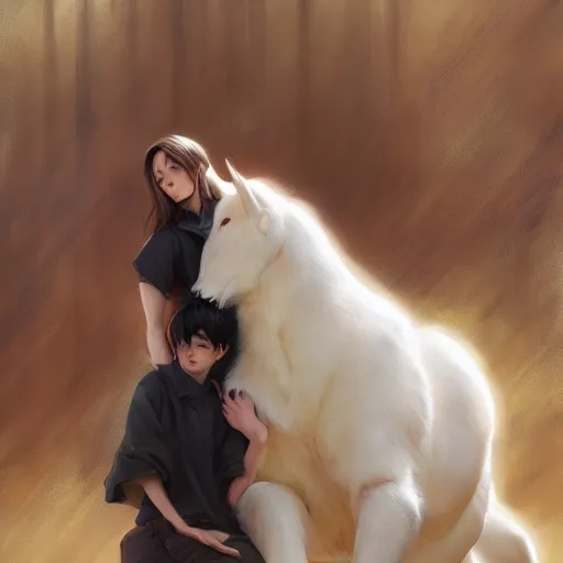 Image similar to a person hugging a large white animal, a detailed painting by krenz cushart, pixiv contest winner, fantasy art, official art, detailed painting, pixiv. highly detailed. 4 k masterpiece. unreal engine. photorealistic. realism. cinematic. photorealism. wideshot