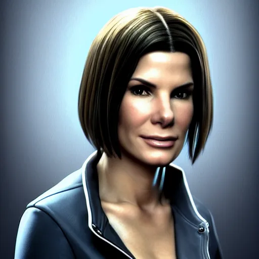 Image similar to hyperrealist portrait of sandra bullock as jill valentine. fantasy art, photo realistic, dynamic lighting, artstation, poster, volumetric lighting, very detailed faces, 4 k, award winning