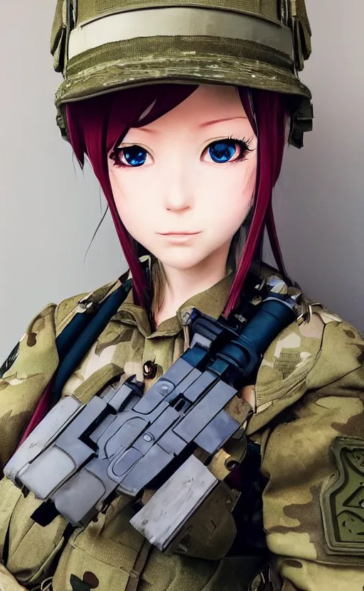 Image similar to portrait photo, highly detailed, high resolution, cosplay photo, stunning, girls frontline style, bokeh soft, 100mm, trending on instagram, by professional photographer, realistic human anatomy, real human faces, realistic military carrier, soldier clothing, modern warfare, realistic weapon, shot with a arriflex 35 ii, low saturation, small human eyes, improve picture from previous attempts