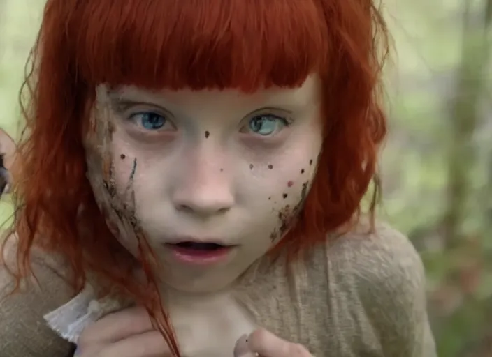 Image similar to a young red - haired girl with an eyepatch scaring little childrens, 4 k, dolby vision