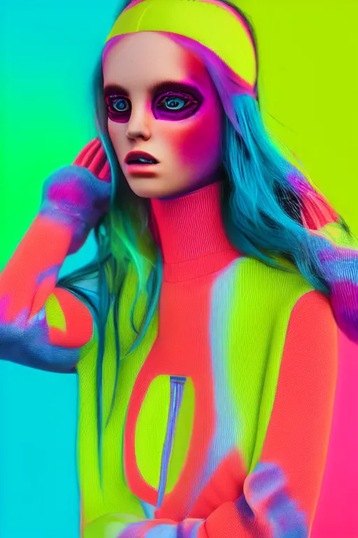 Image similar to stylish pullover for a rave, bright colors, many details, prints, photo for a magazine, photo for a store, fashion photography, Vogue, cinematic, hyper realism, high detail, octane render, 8k, very coherent symmetrical work, perfect face model, full length photo, Upper and lower body, even skin tone,Soft shadows on the face, white eyes, photographer style by Nik Night Erik Madigan Hec and Walter Chin and Camilla Akrans and Miles Aldridge