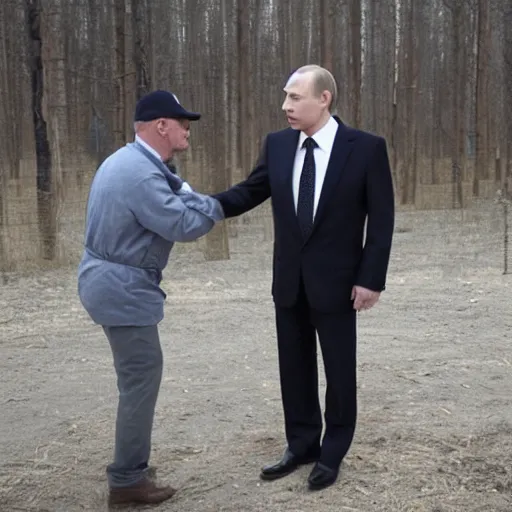 Image similar to Vladimir Putin shaking hands with Walter White, 8k, cinematic, depth of field, dslr,