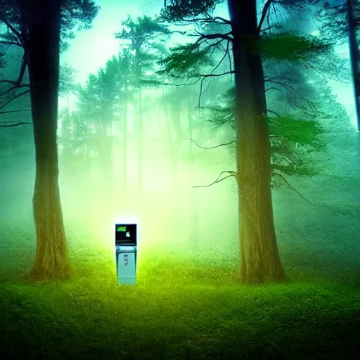 Image similar to dreamlike visage of a vending machine alone in a forest knoll, mystical, unusual, serene, foggy, dawn lighting, dew, mountain forest, hyperdetailed