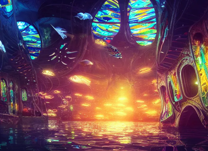 Prompt: favela spaceship cathedral, underwater environment, sorcery, scenery, professional, award - winning, trending on artstation, hyper detailed, realistic, beautiful, emotional, shiny, colorful, picture