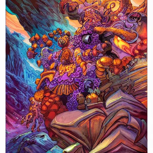 Image similar to a doorway that creates enchantment, displaying strange, magnificent, colourful landscapes, highly detailed, smooth, sharp focus, bold colours, high contrast, unique, graphic novel, art by michael choi and joe madureira,