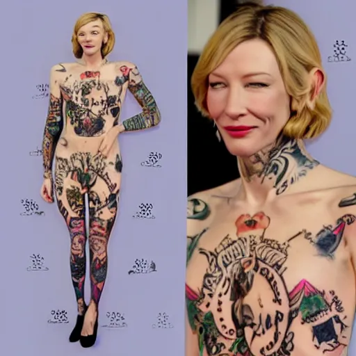 Image similar to full body tattooed cate blanchett, nose ring, 4k