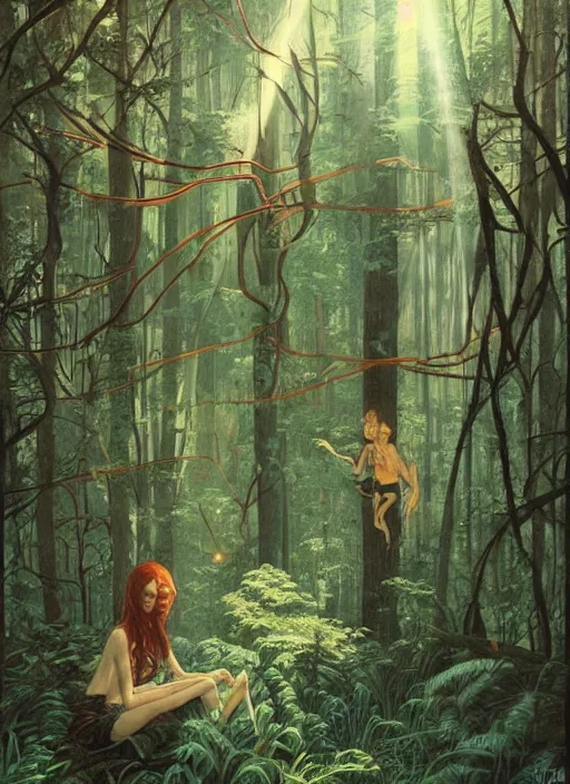 Image similar to technology in the woods gorgeous lighting, sunbeams blue sky, lush forest foliage painting by chiara bautista and beksinski and norman rockwell and greg rutkowski weta studio, and lucasfilm