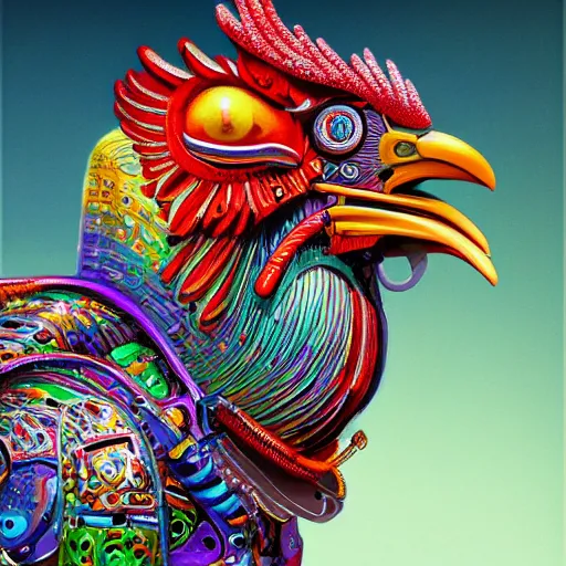 Prompt: an extremely psychedelic portrait of a robotic rooster wearing a hoodie, surreal, LSD, face, detailed, intricate, elegant, lithe, highly detailed, digital painting, artstation, concept art, smooth, sharp focus, illustration, art by Jason Edmiston