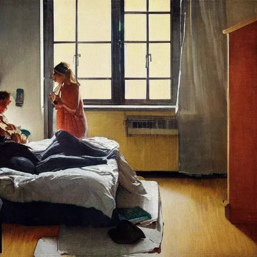 Prompt: “a man and a woman lying on a bed in an apartment in Copenhagen at night, staring at their phones, photorealistic oil painting by Norman Rockwell, trending on art station”