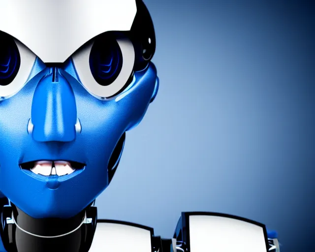 Prompt: A blue skin cyborg robot college student with a black antennae for a nose