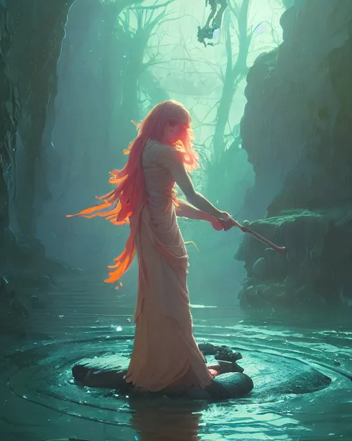 Image similar to highly detailed vfx portrait of a witch casting water magic, unreal engine, greg rutkowski, loish, rhads, beeple, makoto shinkai and lois van baarle, ilya kuvshinov, rossdraws, tom bagshaw, alphonse mucha, global illumination, detailed and intricate environment