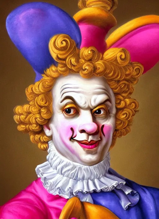 Prompt: baroque rococo painting Royal Fancy Jester clown male Hildebrandt Lisa Frank high detail cute adorable whimsical up close clown jester face paint