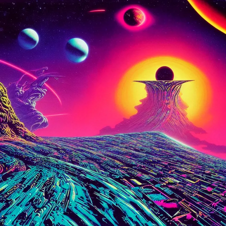 Image similar to edge of interstellar space, synthwave, bright neon colors, highly detailed, cinematic, tim white, philippe druillet, roger dean, ernst haeckel, lisa frank, michael whelan, kubrick, kimura, isono