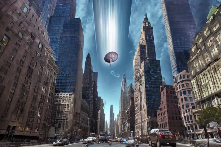 Prompt: matte painting of an alien mothership entering the atmosphere seen from the streets of downtown new york, pov