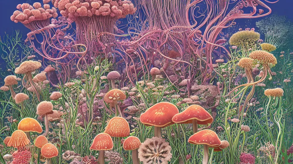 Image similar to highly detailed illustration of all the known species of plants, flowers, corals, mushrooms and jellyfish by juan gatti, by makoto shinkai, by moebius!, by oliver vernon