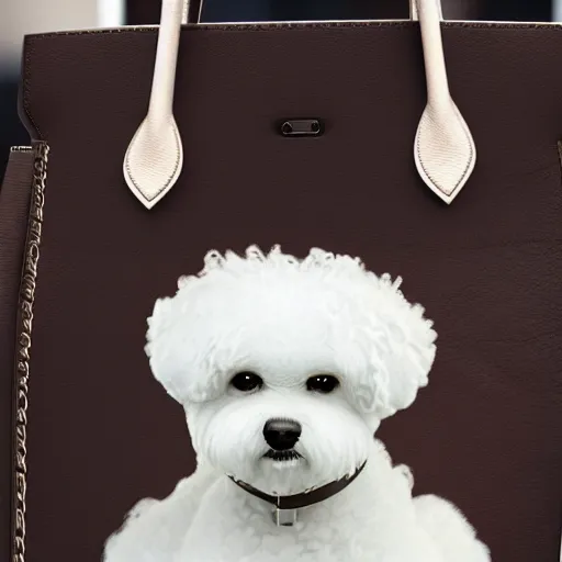 Prompt: a closeup photorealistic photograph of a smiling bichon frise peeking out of a Hermes handbag at the beach during sunset This 4K HD image is Trending on Artstation, featured on Behance, well-rendered, extra crisp, features intricate detail and the style of Unreal Engine.