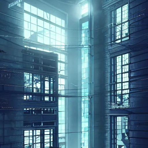 Image similar to One dilapidated building with only one window glowing. ArtStation, Cyberpunk, Vertical Symmetry, 8K, Highly Detailed, Intricate, Album Art.