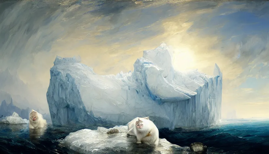 Image similar to highly detailed painting of white giant griffon cat seals on a blue and white iceberg by william turner, by greg rutkowski, by william constable, thick brush strokes and visible paint layers, 4 k resolution