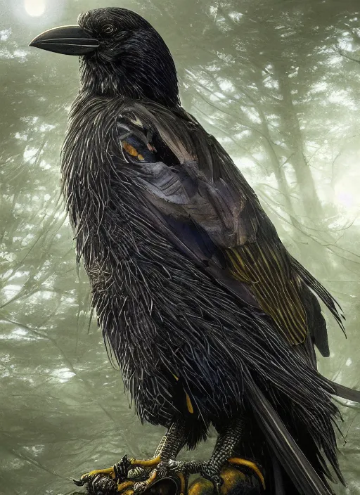 Image similar to glowing silver and golden elements, full close-up zoom portrait of realistic crow, book cover, green forest, white moon, establishing shot, extremly high detail, photo-realistic, cinematic lighting, by Yoshitaka Amano, Ruan Jia, Kentaro Miura, Artgerm, post processed, concept art, artstation, matte painting, style by eddie mendoza, raphael lacoste, alex ross