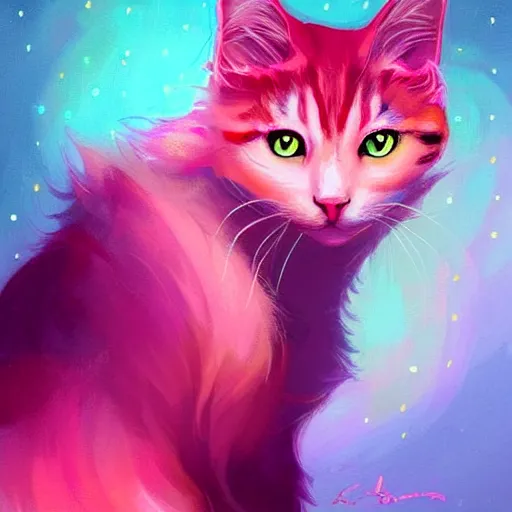 Image similar to colorful and festive cat with pink hair,. rich vivid colors, ambient lighting, dynamic lighting, 4 k, atmospheric lighting, painted, intricate, highly detailed by charlie bowater